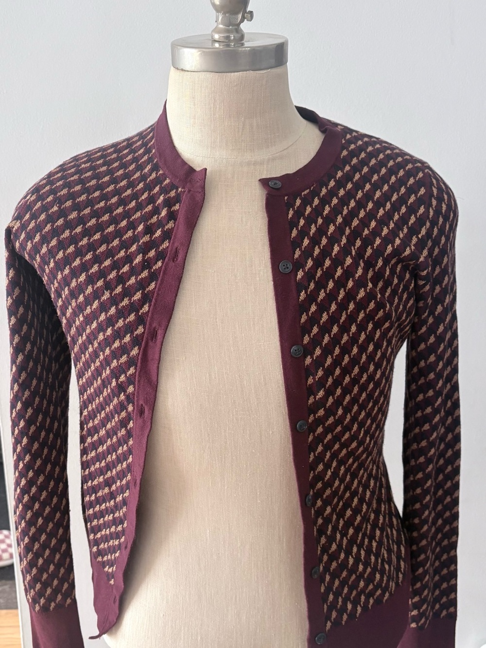 Ann Taylor Burgundy and Tan Houndstooth Knit Button-Front Cardigan